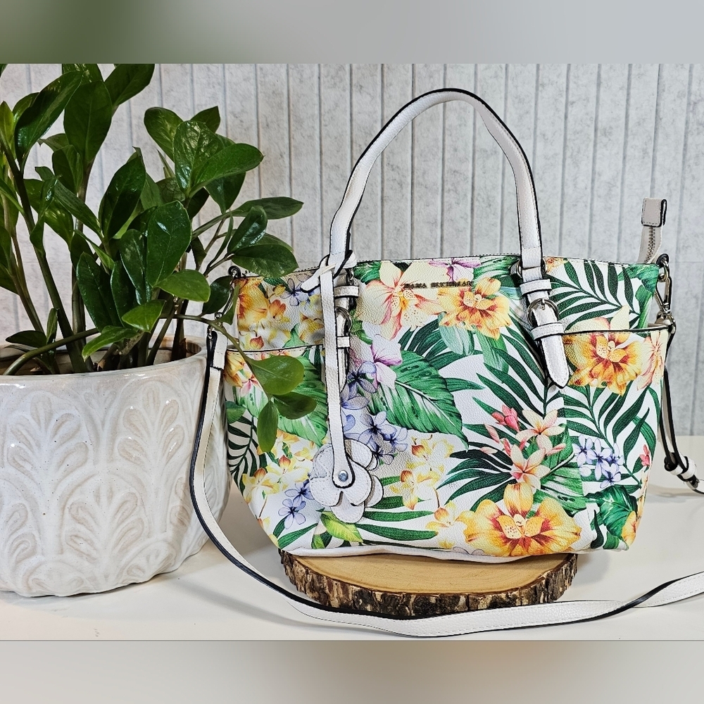 Dana Buchman Tropical Floral Satchel/Crossbody – White Multicolor